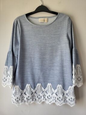 Chico's Navy & White Striped Long-Sleeve Top with Lace Hem